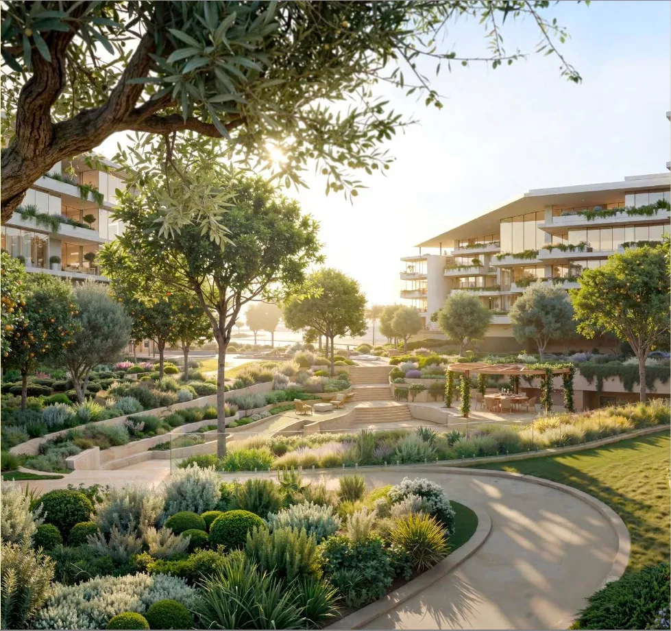 Shaded courtyard with olive trees